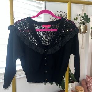Betsey Johnson Black Lace Cardigan with Ruffle Trim